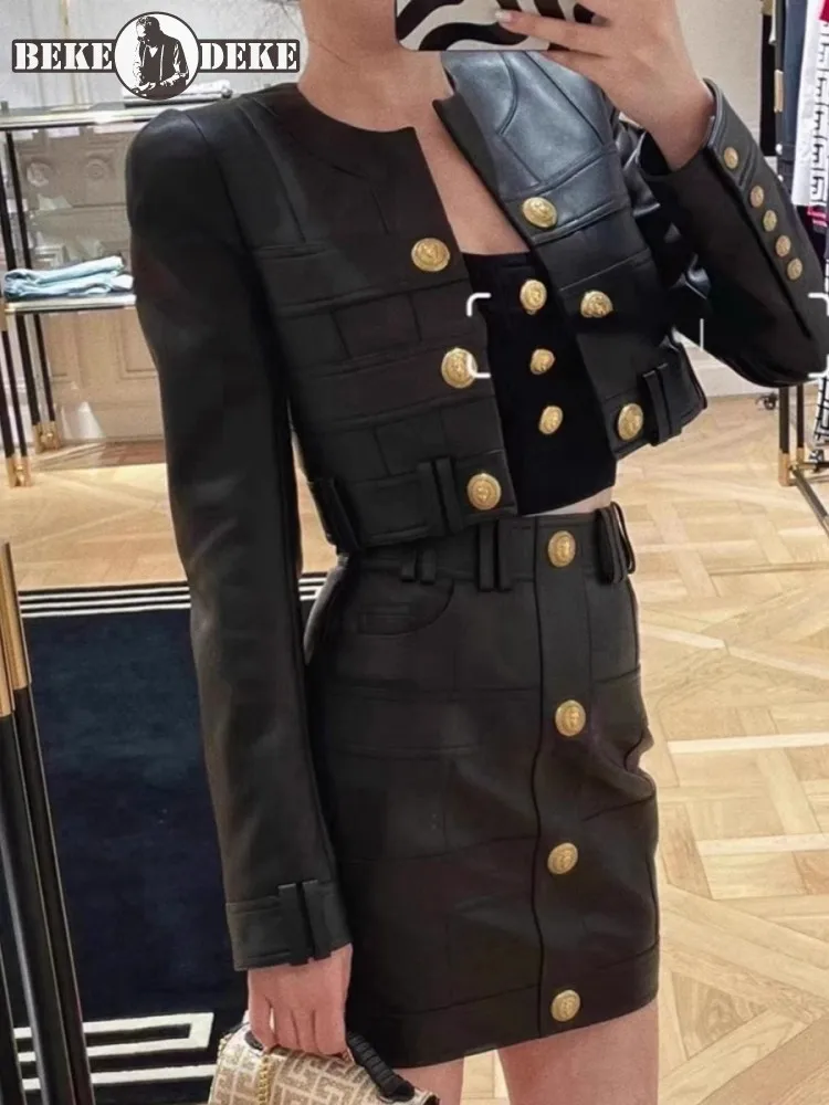 Slim Fit Hohe Taille Frauen Echtes Leder Jacke Oansatz Langarm Zweireiher Mode Designer Dame Schaffell Kurzen Mantel