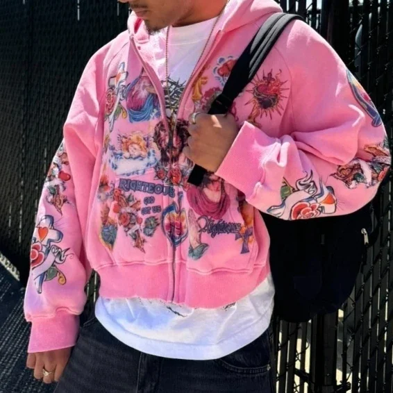 Fmxires2025 Ropa informal de calle Sudadera con capucha estampada con patrón retro Sudadera con capucha holgada para hombre Sudadera con capucha deportiva de moda de rock gótico