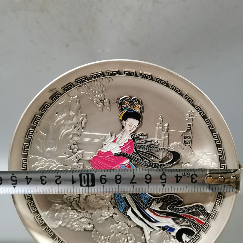 Antique Collection Qianlong Year Model Silver-Plated Painted Chang'e Flying Pan Decoration Sitting Plate Display Plate Home Deco