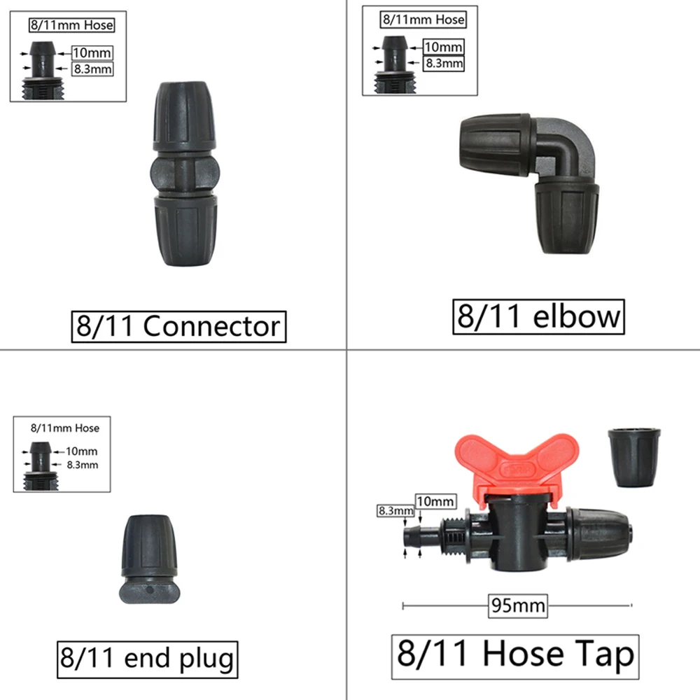 Garden 3/8 x 1/4inch Hose Barb Connector Lock nut Reducer Water splitter Tee Elbow End Plug Drip Irrigation System Fitting