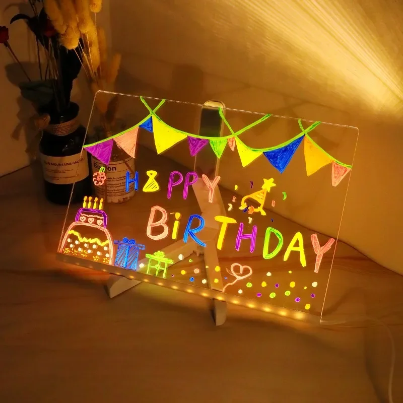 DIY kreative Lampe LED Acryl Nachricht Notiztafel Lampe löschbares Kinder-Zeichenbrett mit 7 bunten Stiften Geburtstag Kinder Geschenke