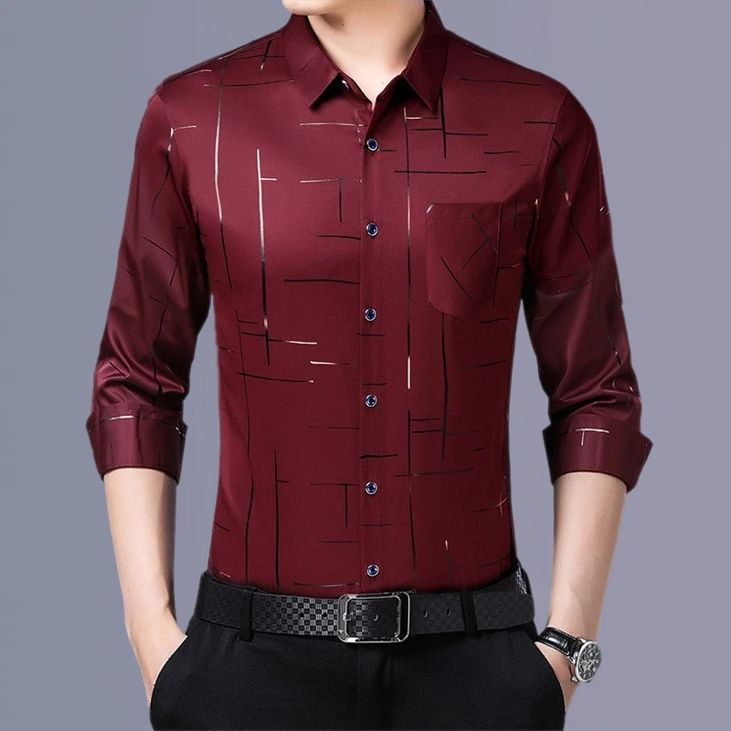 Camisa estampada de manga larga informal y de moda para hombre, top de negocios sin planchar y resistente a las arrugas