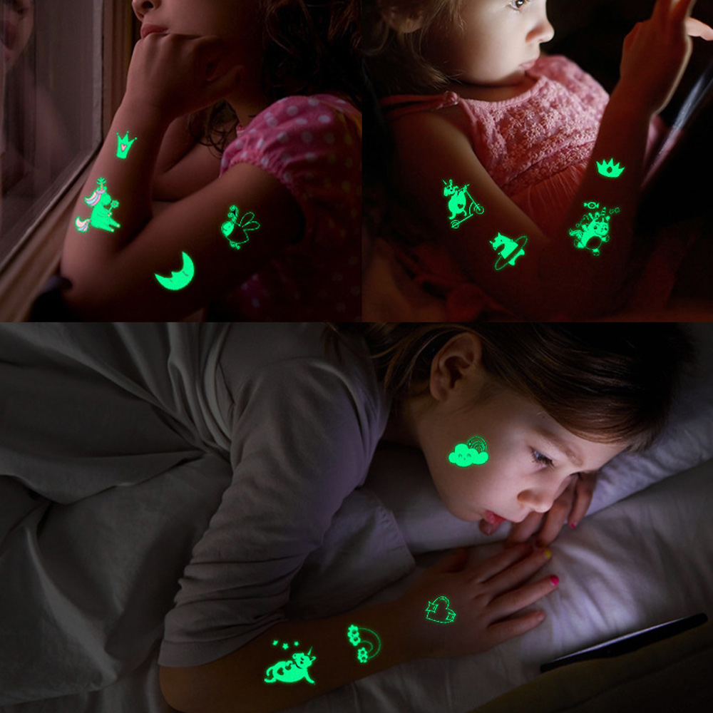 5 hojas de pegatinas de tatuaje luminosas para niños, tatuajes temporales coloridos de animales, sirena, dinosaurio, tatuaje corporal bonito para niños