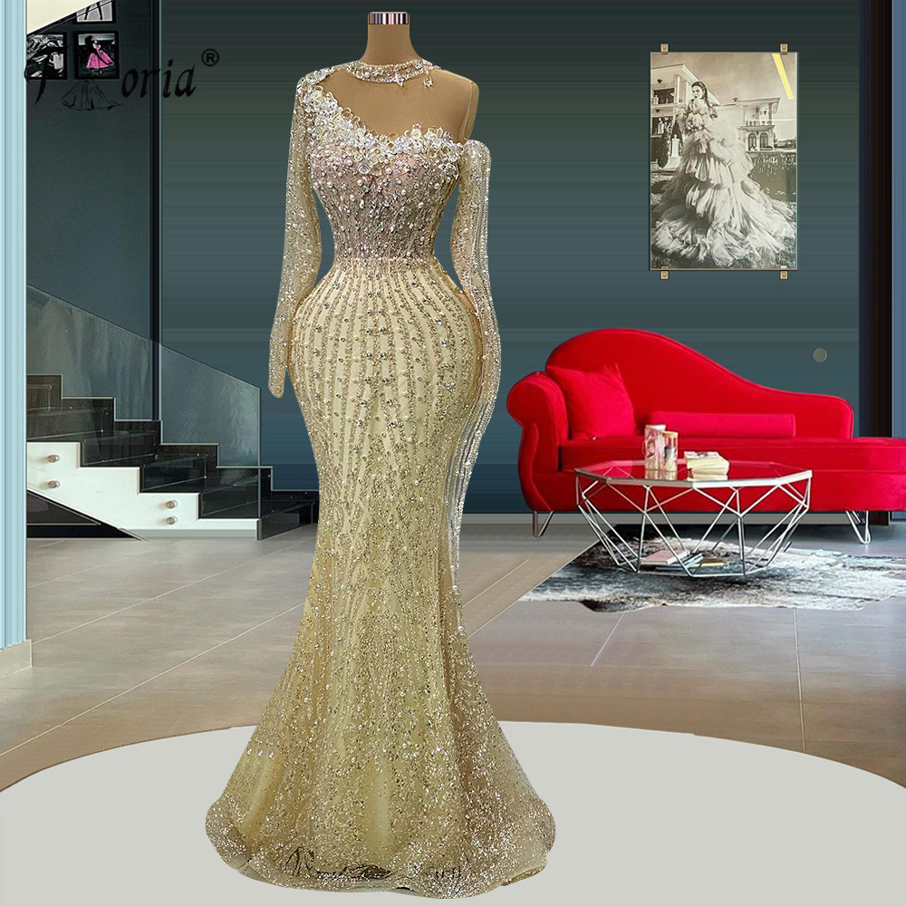 Vestido de noite com contas delicadas, Dubai, Champanhe, Sereia, Roupa formal, Vestidos Couture, Vestidos de celebridades, 2023