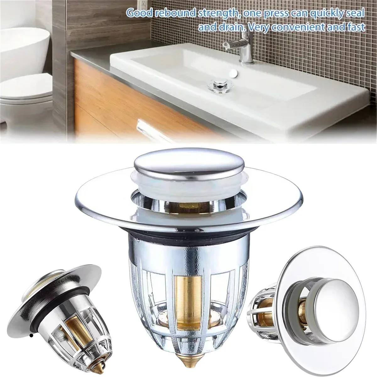 Universal Rebound ปลั๊กท่อระบายน้ํากรองอ่างล้างหน้า Pop-up Chrome Sink Filter Hair Catcher ห้องน้ําอ่างล้างจานท่อระบายน้ํา Easy Push Type