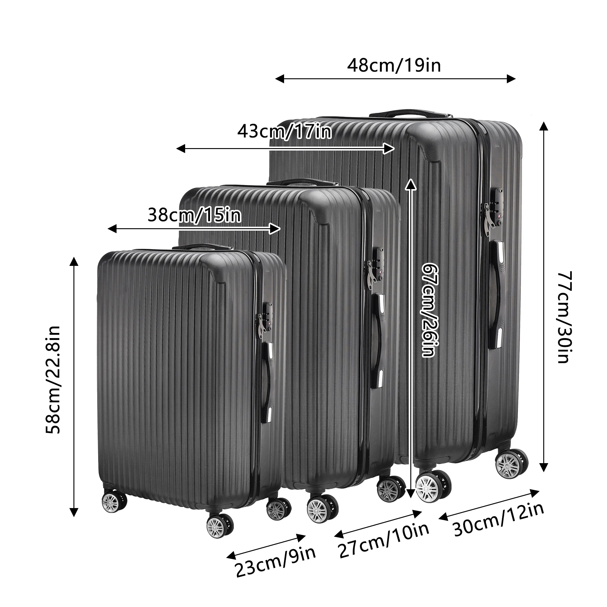 Comanlai 3-teiliges Kofferset mit 4 Universalrädern und TSA-Verlust, ABS-Hardside-Gepäck, Reiseetui, Schwarz