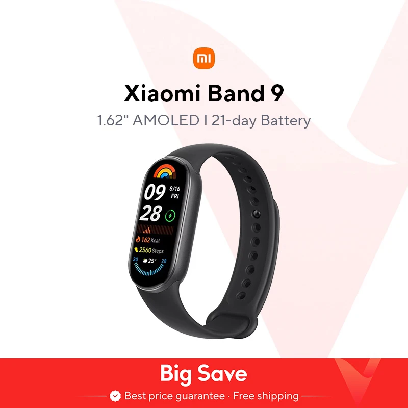 Wersja globalna Xiaomi Smart Band 9 Wyświetlacz AMOLED o przekątnej 1,62 cala 21 dni pracy na baterii Obsługuje 150+ trybów sportowych 5ATM Bluetooth 5.4