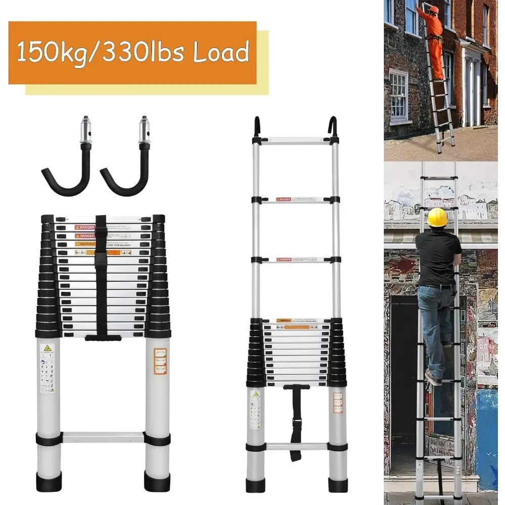 Aluminum Telescopic Ladder with 2 Detachable Hooks, 36lbs Weight, Adjustable Height, 330lbs Load for Home or Industrial Use