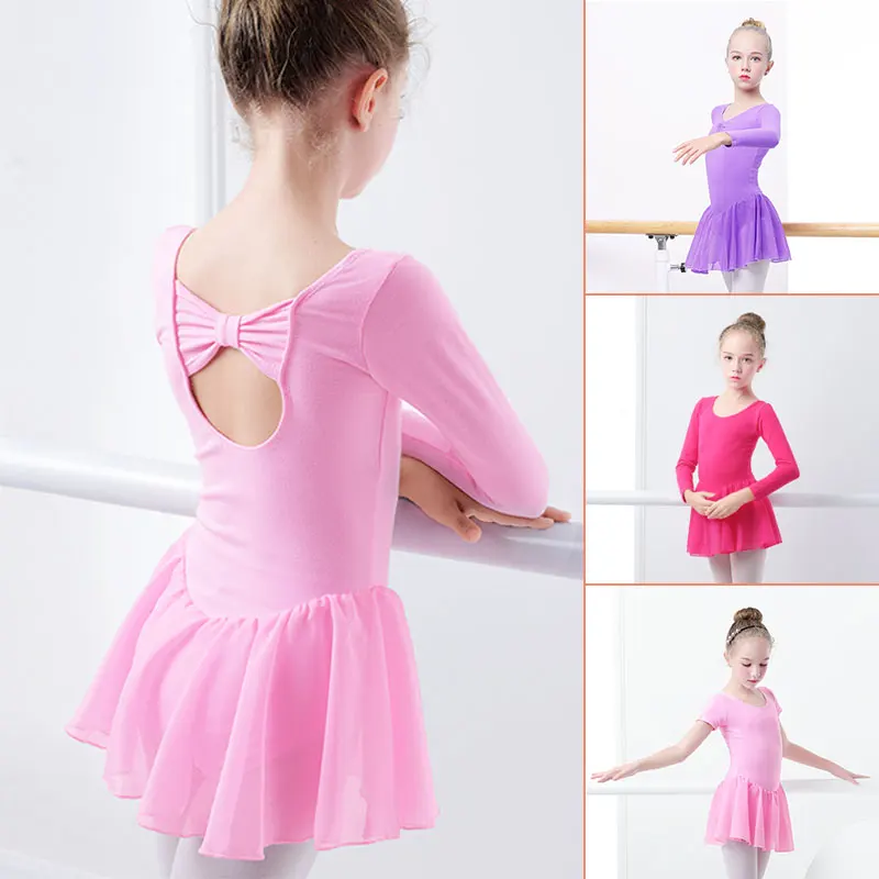 Girls Ballet Dress Gymnastics Dance Leotard for Kids Short Sleeve Ballet Chiffon Skirted Leotards Bowknot Dancewear