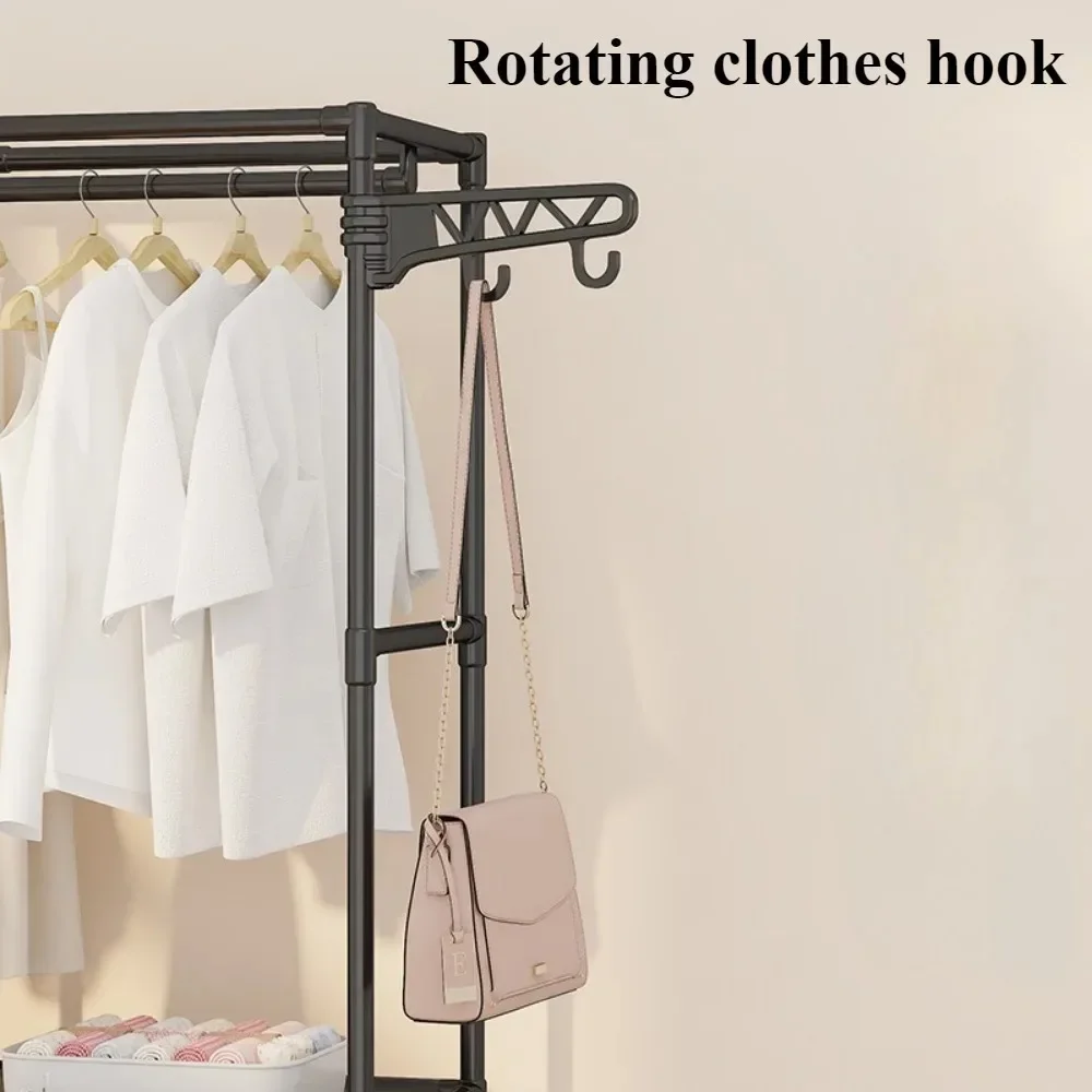 Floor Clothes Rack Double/Three Row Hangers Shoe Storage Rack With Hanging Hooks Rods For Coat And Shoe Household Clothes Hanger