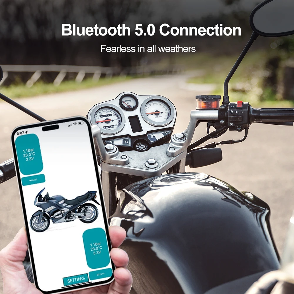 Sistema de supervisión de presión de neumáticos TPMS inalámbrico Bluetooth5.0 para motocicleta IP67 resistente al agua con 2 sensores externos compatible con Android/IOS
