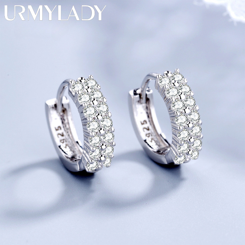 Urmylady 925 brincos de agulha de prata esterlina moda jóias de alta qualidade fileira dupla cristal zircão redondo parafuso prisioneiro