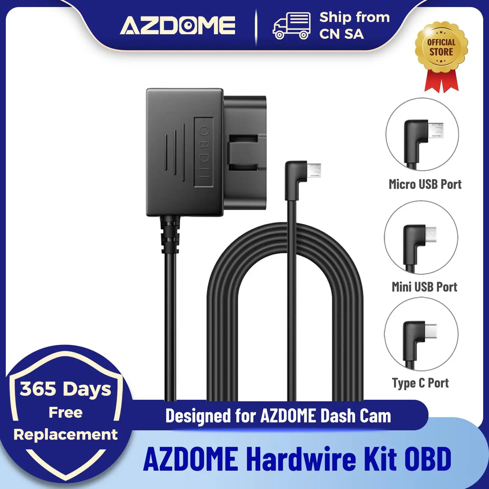 AZDOME Hardwire Kit OBD für AZDOME M550 M300S Dash Cam Parkkabel Micro USB Port/Mini USB Port/Typ C Port 24H Parkplatz Monito