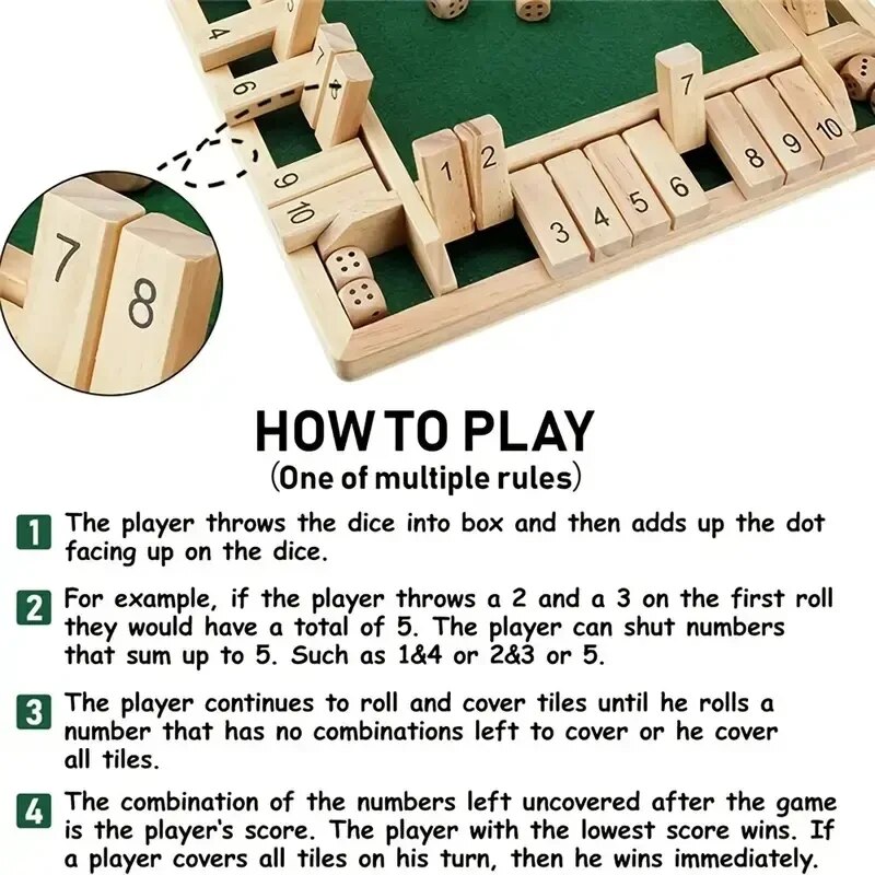 Deluxe vierseitiges 10-Zahlen-Brettspiel-Set „Shut The Box“, Würfel, Party, Club, Trinkspiele für Erwachsene und Familien