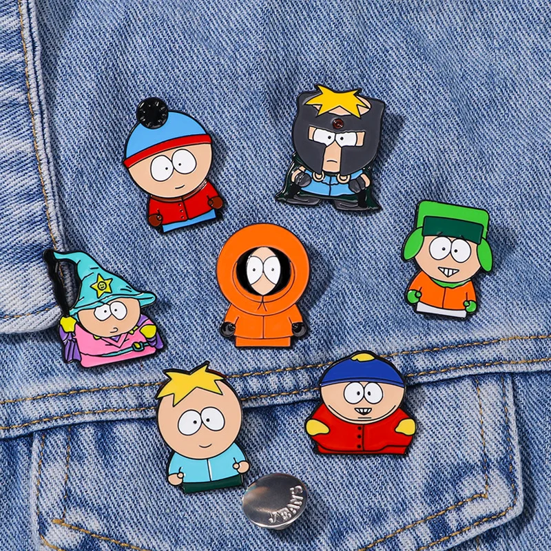 Emblemas de alfinetes com tema do parque sul em quadrinhos com o adorável personagem de desenho animado perfeito para acessórios de bolsa de anime emblemas de roupas