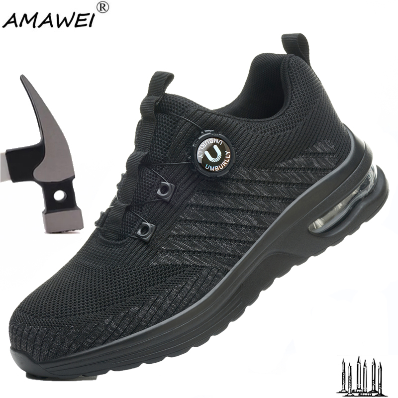 Rotating Button New Safety Shoes Men Anti-smash Anti-puncture Work Shoes Fashion Men Sport Shoes light Breathable Mesh Shoes