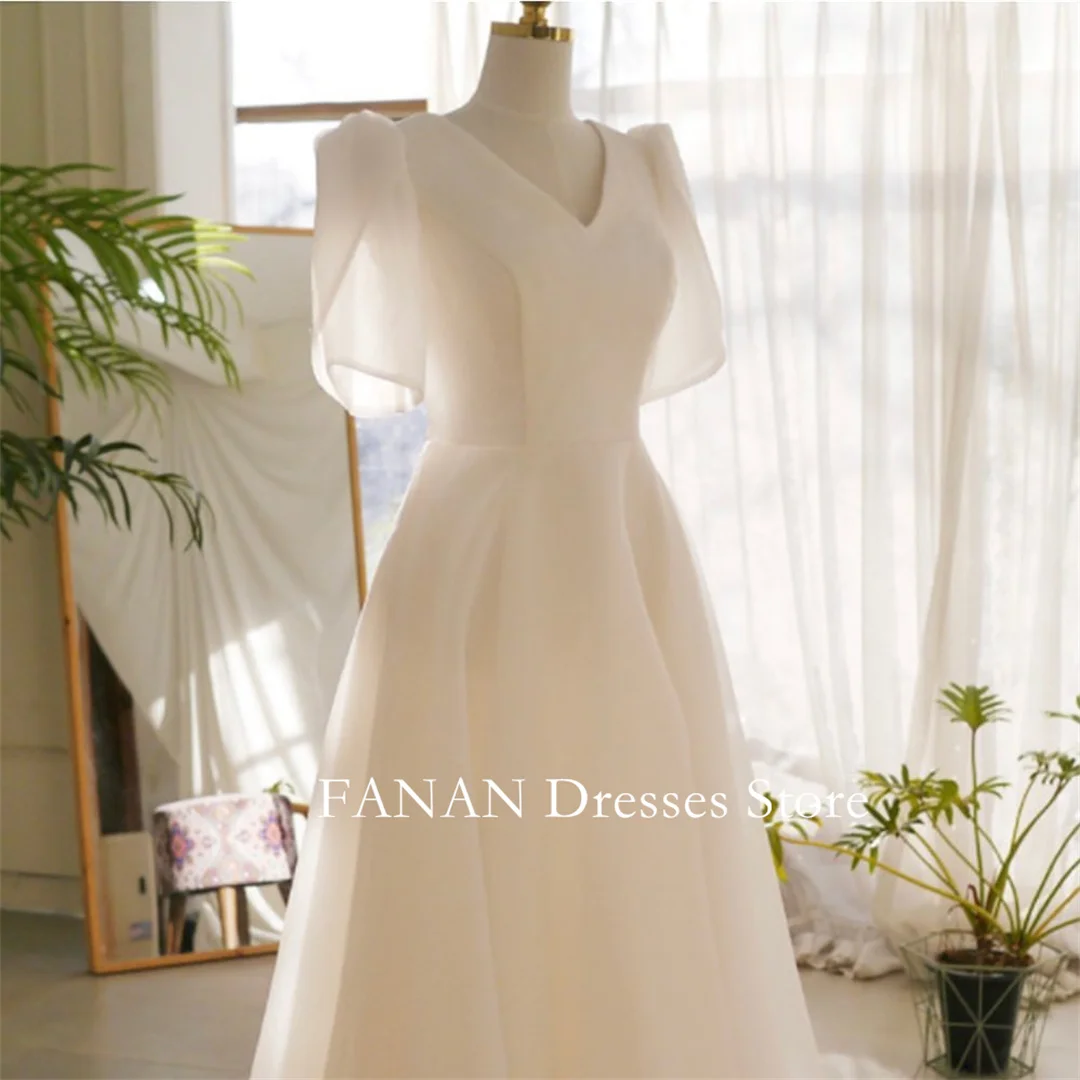 FANAN Elegant A-Line เกาหลี Ivory Organza ซิปชุดแต่งงาน V คอง่ายที่กําหนดเองสวยชุดเจ้าสาว PLUS ขนาด