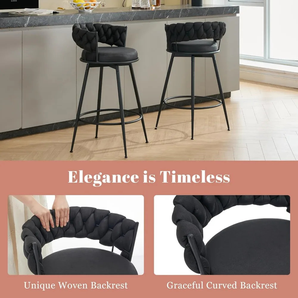 360° Swivel Bar Stools Set of 3, 28 inch Counter Height Bar Stools Modern Barstools with Woven Back and Suede Fabric, Metal