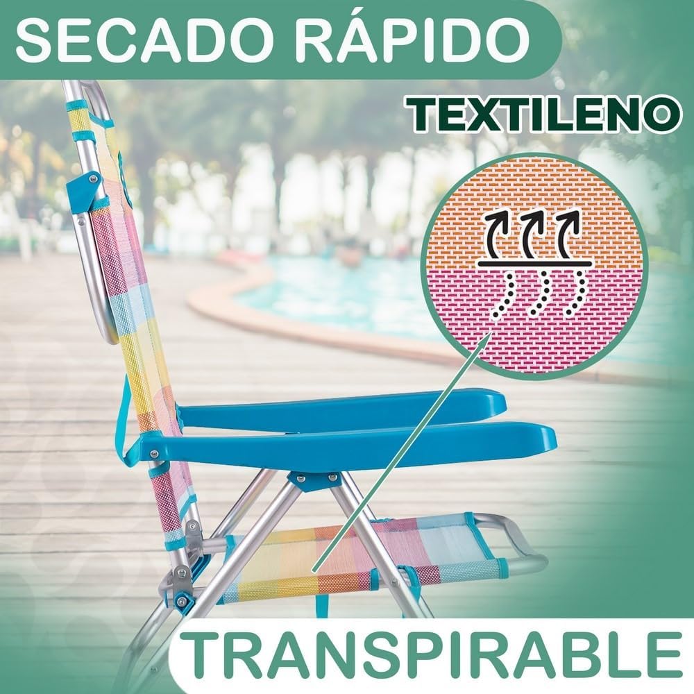 Pack 2 Sillas Playa Plegables |   Ligera Portátil |   Baja y Reclinable de 4 Posiciones |   para Camping, Piscina, Terraza o Jardín (M