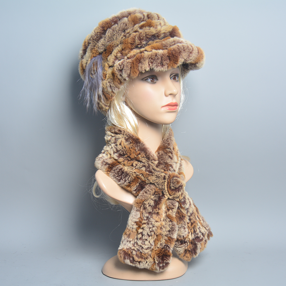 Novas mulheres inverno malha real rex pele de coelho chapéu cachecol define natural quente chapéu de pele cachecóis 2 peças qualidade da menina real pele chapéu silenciador