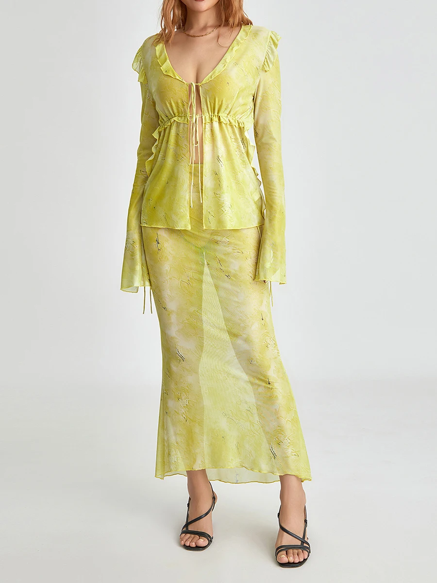Y2K-Robe de Plage en Maille Transparente pour Femme, Grunge, à Volants, Col en V, Ensemble Jupe 2 Pièces, Été (Longue)