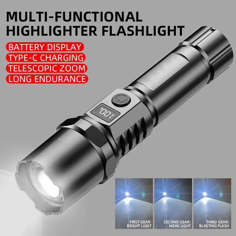 Latarka Led o dużej mocy XHP100 z możliwością ładowania, wysuwana latarka z cyfrowym zoomem, lampa ręczna Usb do biwakowania, na zewnątrz i pojawiać się
