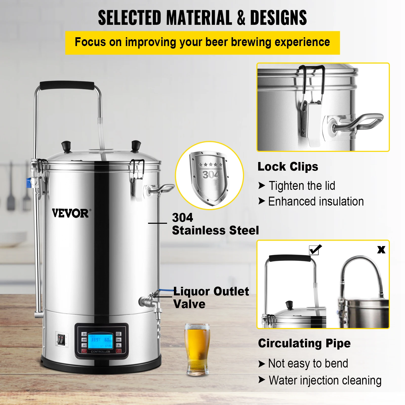 VEVOR Elektrisches Brühsystem, 35 l Brühtopf, All-in-One Bierbrauer mit Pumpe, Kochgerät mit Panel, Auto/Manueller Modus 100-1800 W Leistung 25-100 ℃ Temperatur 1-180 Min Timer Rezeptspeicher