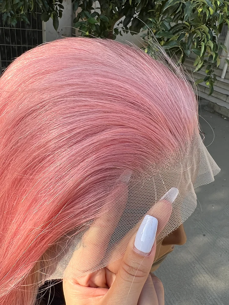 Pelucas de cabello humano Bob de color corto rosa, pelucas frontales de encaje recto brasileño 13X4, peluca de color prearrancada de encaje transparente