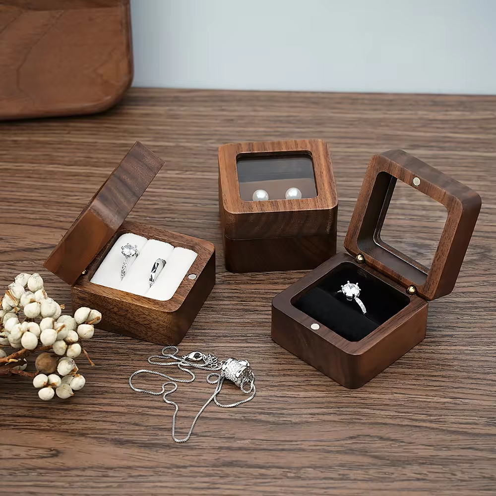 Boîte à bagues solide en noyer noir, boîte à bagues simple et Double, boîte à boucles d'oreilles, boutons de manchette, boîte à bagues en bois Vintage, boîte cadeau exquise