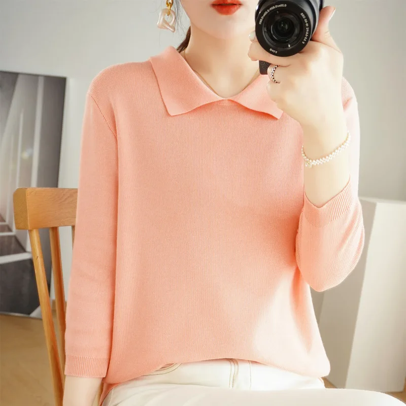 POLO Collar Women's Knitted Sweater Cashmere Blend Autumn And Winter New Solid Color Simple Inner Slimming And Age-reducing Top