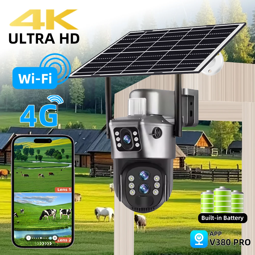 V380 Pro 4K 8MP 2 lenti 4G WiFi Telecamera solare PIR esterno Visione notturna IP66 Batteria a bassa potenza CCTV Sicurezza