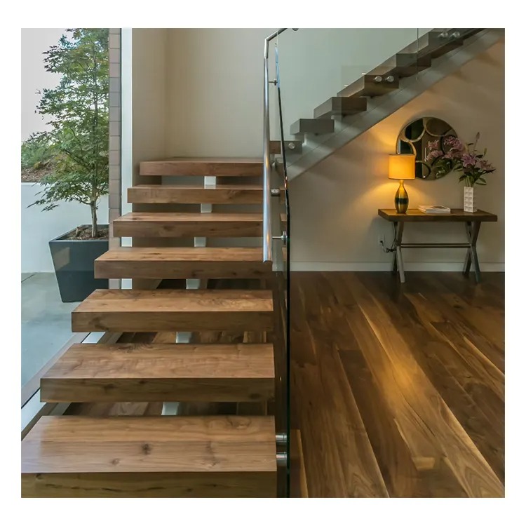 Modern Design Second Floor Indoor Staircase Handrail Solid Wood Tread Step Lights Mono Stringer Metal Railing