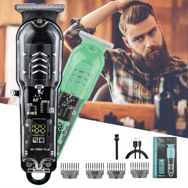 クリアランス_透明ボディ電気バリカンプロフェッショナルトリマーUSB充電式ヘアカットマシン男性用ホリデーギフト