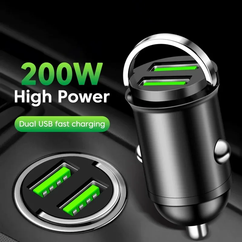 デュアル200W USBカーチャージャー、iPhone、Xiaomi、Samsung、Huawei対応、QC3.0、ミニPD、USB Type-C急速充電対応