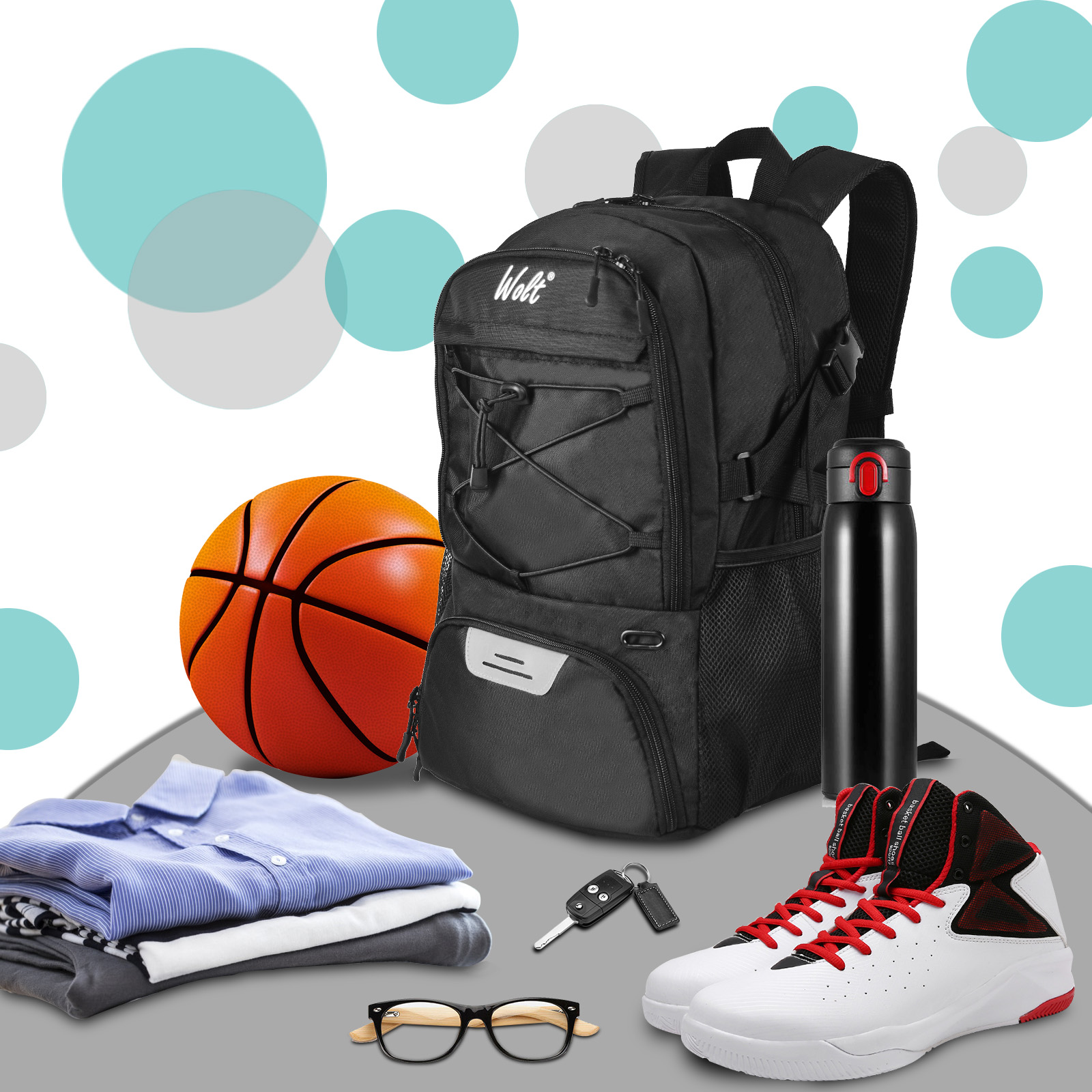 Wolt | Mochila de baloncesto Bolsa deportiva grande con soporte para pelotas separado y compartimento para zapatos, lo mejor para baloncesto, fútbol, Voll