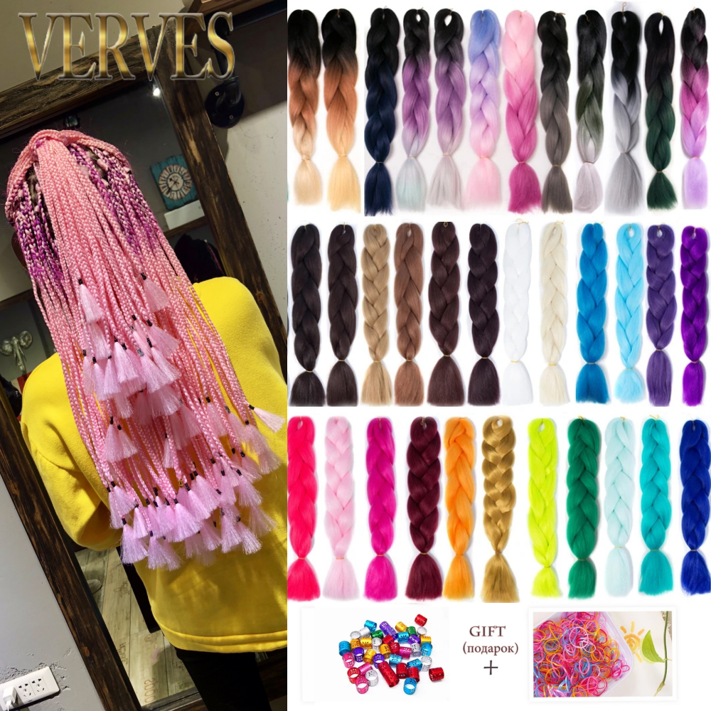 VERVES 24 Zoll synthetisches Jumbo-Zopf, Ombre-Farbe, Flechthaar, 100 g/Stück, Verlängerungszöpfe, KaneKalon für asiatische Frauen, Rot, Rosa, Blau