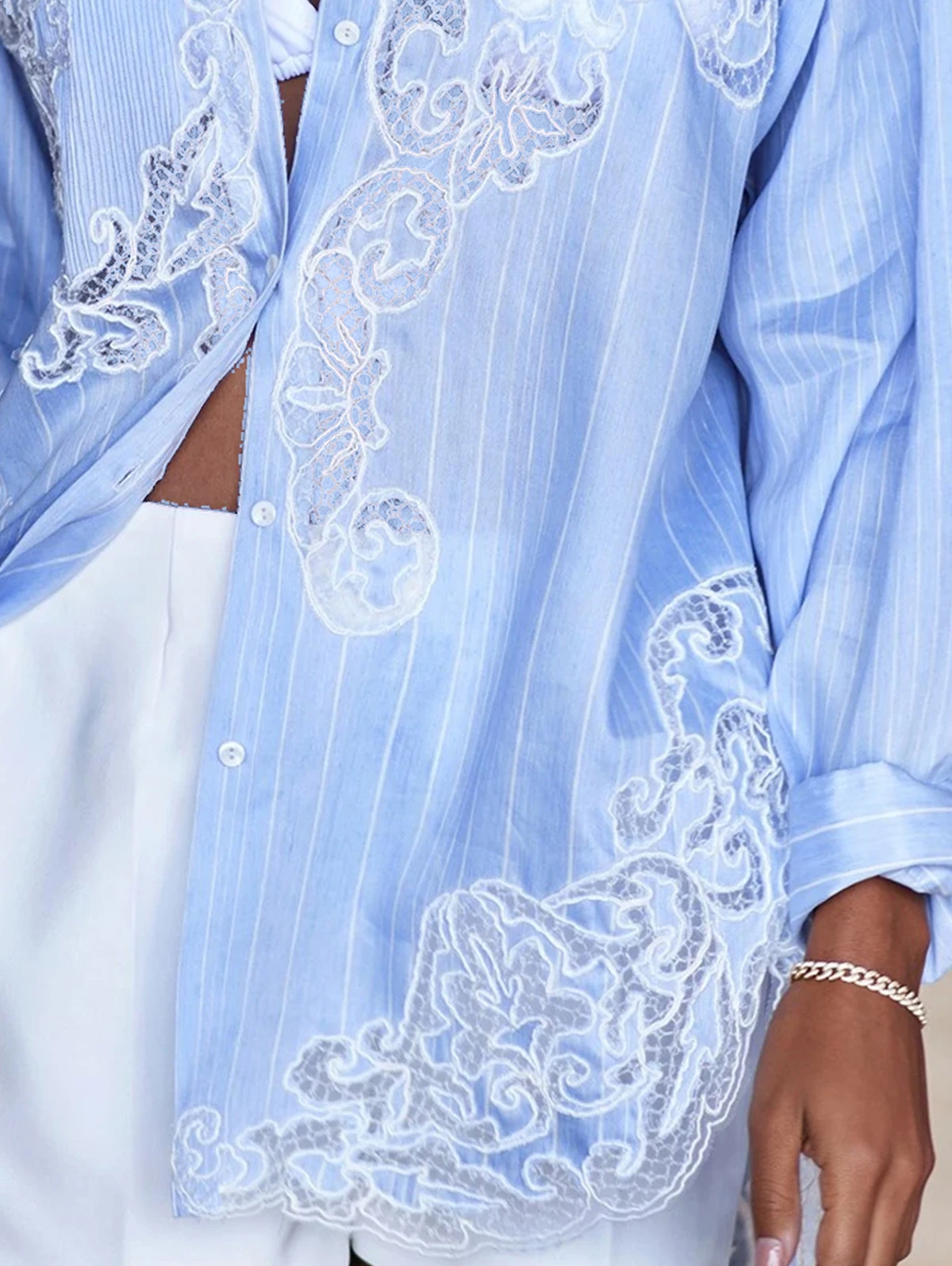 Frauen lässig gestreifte Hemden drehen Kragen Langarm Spitze Applikation minimalist ischen Vintage plus Größe Herbst Bluse Hemden 2024