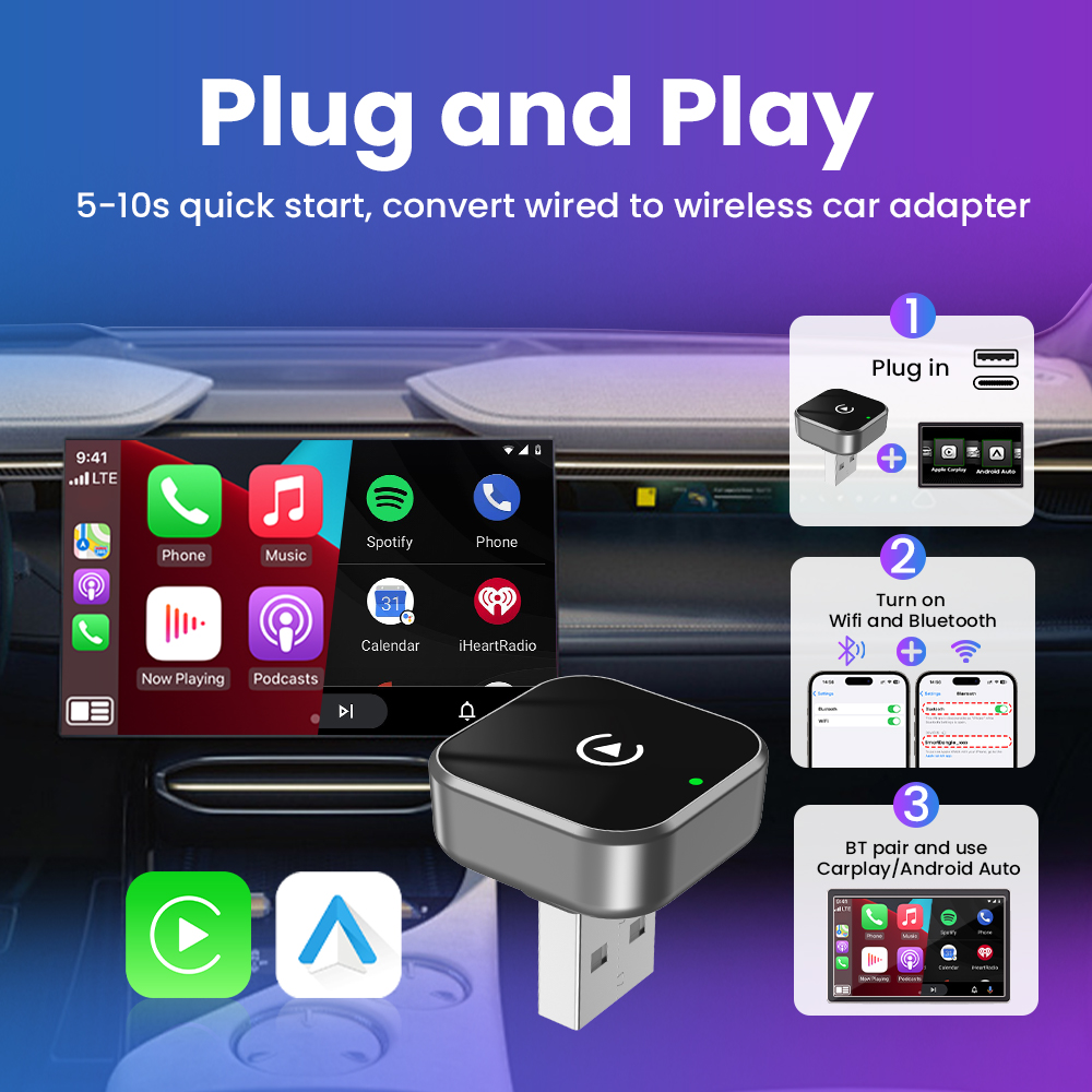 2in1 Wireless CarPlay Adapter Android Auto AI Smart Box Car Intelligent System Suitable For VW Toyota Nissan Honda Kia Opel MG