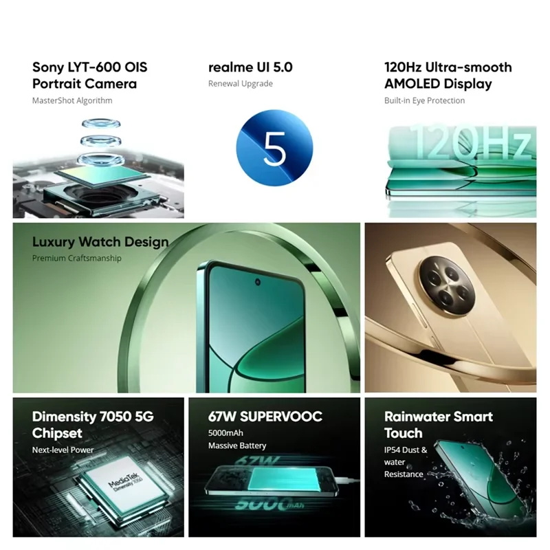 Wereldwijde versie realme 12+ 5G 120Hz Ultra Smooth OLED Display 67W SUPERVOOC Charge MTK Dimensity 7050 5G OIS Camera realme 12 Plus 5G