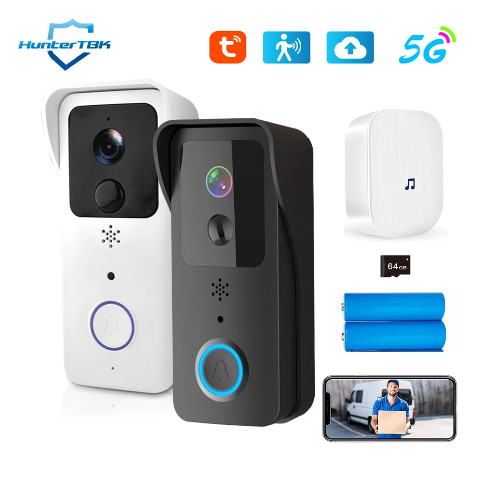 Timbre de vídeo con WiFi, 5G, 2,4G, 1080P, intercomunicador inalámbrico inteligente para exteriores, cámara inalámbrica impermeable con fuente de alimentación CA/CC