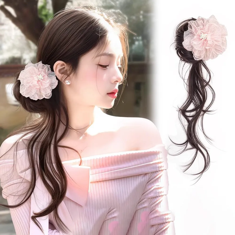 40cm sintético primavera camélia dragão barba almôndega cabeça peruca clipe feminino natural suave temperamental extensão do cabelo