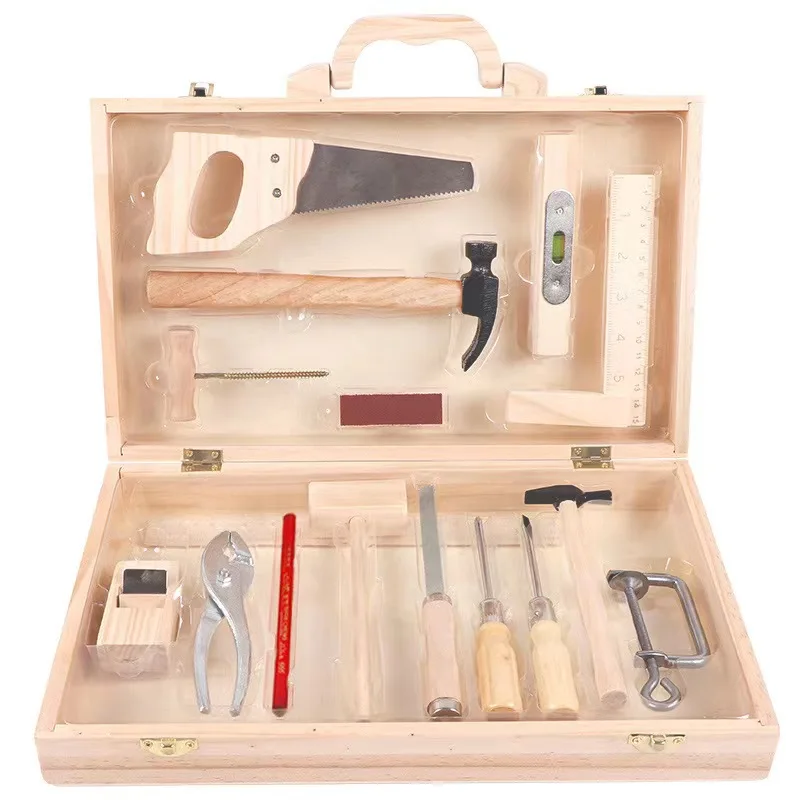 Caja de madera de carpintero para niños, juego de herramientas de madera, martillo, destornillador, aprendizaje de habilidades manuales