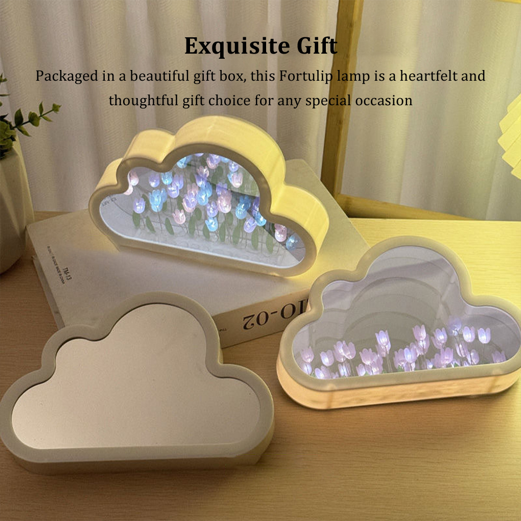 Cloud TULIP Night Light ทําด้วยมือ DIY วัสดุดอกไม้ตกแต่งบ้านกระจกสร้างสรรค์บรรยากาศโคมไฟของขวัญวันเกิดวันวาเลนไทน์