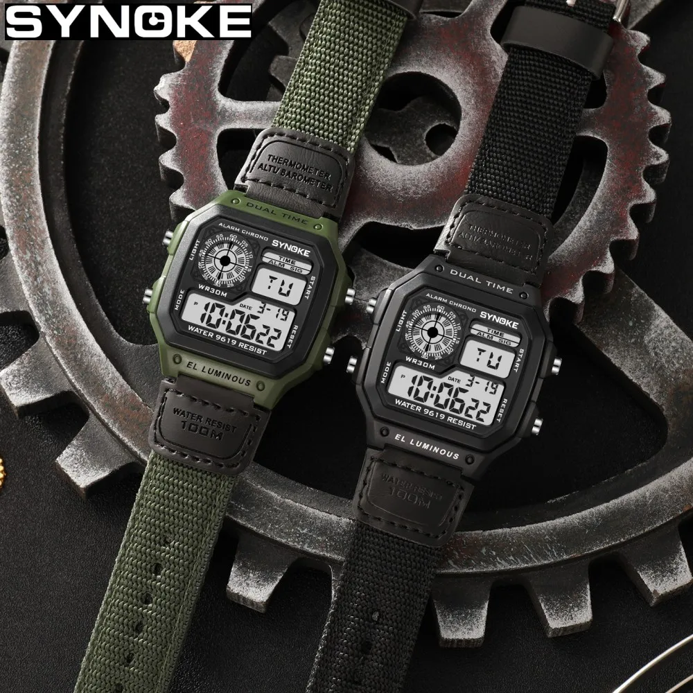 Synoke montre numérique militaire extérieure pour hommes mode rétro bracelet en toile de Nylon sport montre étanche multifonctionnel lumineux