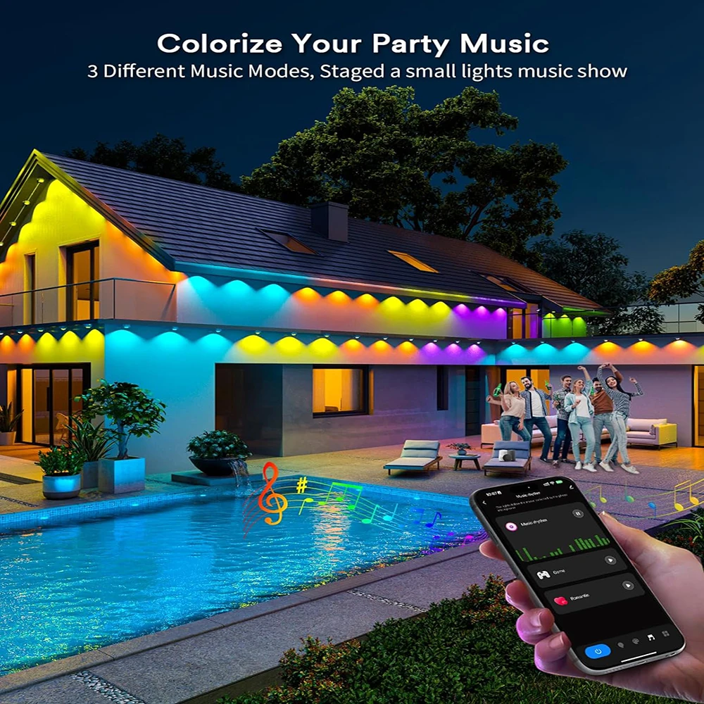 Luz de alero Bluetooth inteligente para exteriores, Control de aplicaciones multifunción, luces de alero, resistente al agua IP67, RGB, luz de jardín, 15 m/ 30 LED