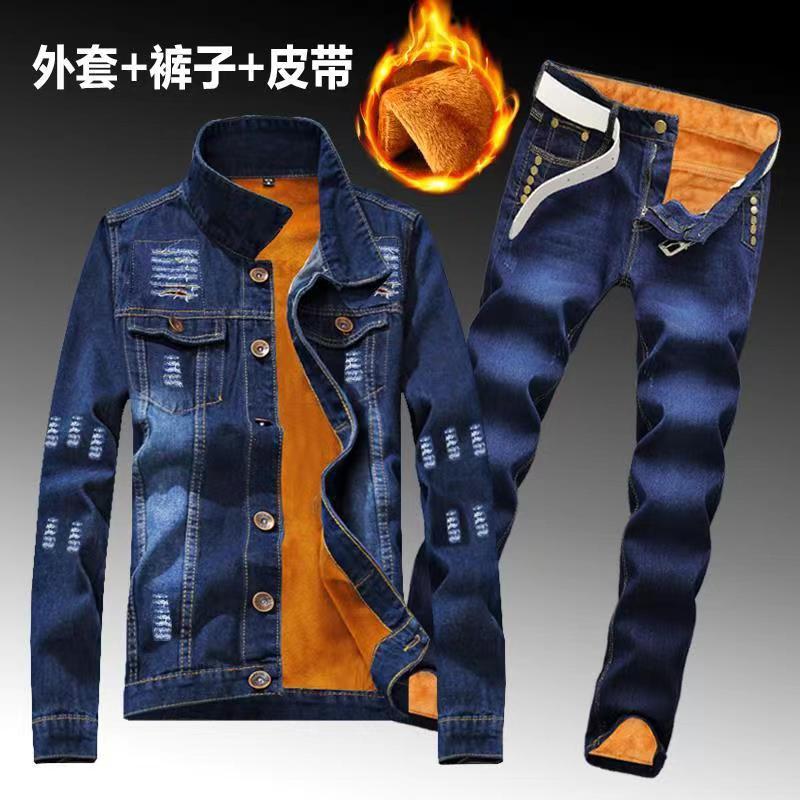 Winter Männer Fleece Futter Dicke Warme Denim Zwei Stück Set Slim Fit Cowbody Jacke Jeans Anzug Cargo Sets