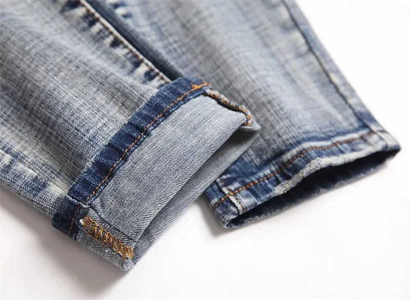 Pantalones vaqueros elásticos bordados para hombre, ropa de calle rasgada, estilo Punk, delgados, a la moda, pies pequeños