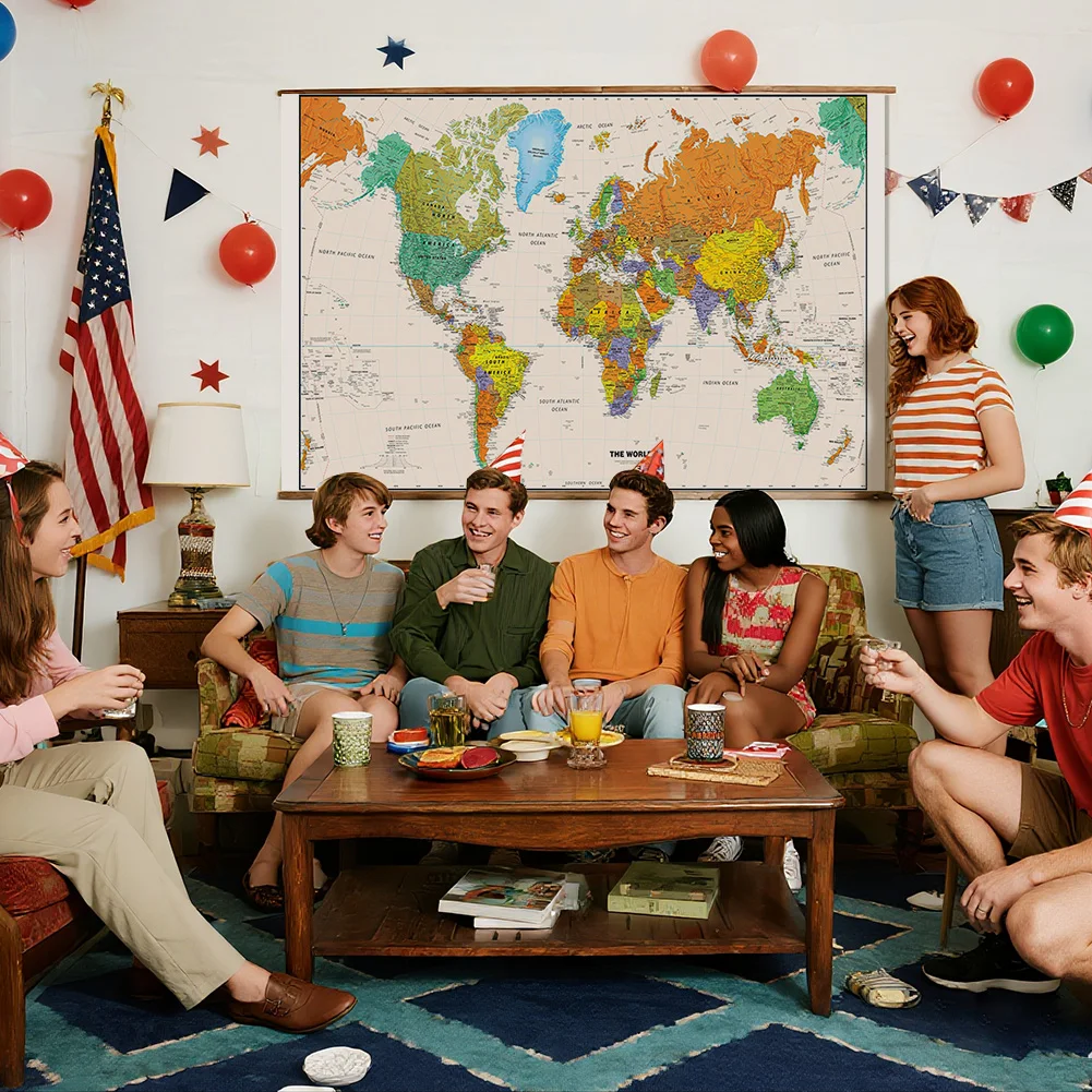Póster de pared con mapa del mundo, lienzo no tejido de 100x70cm, pintura decorativa Retro impresa, suministros para oficina, hogar, escuela y aula