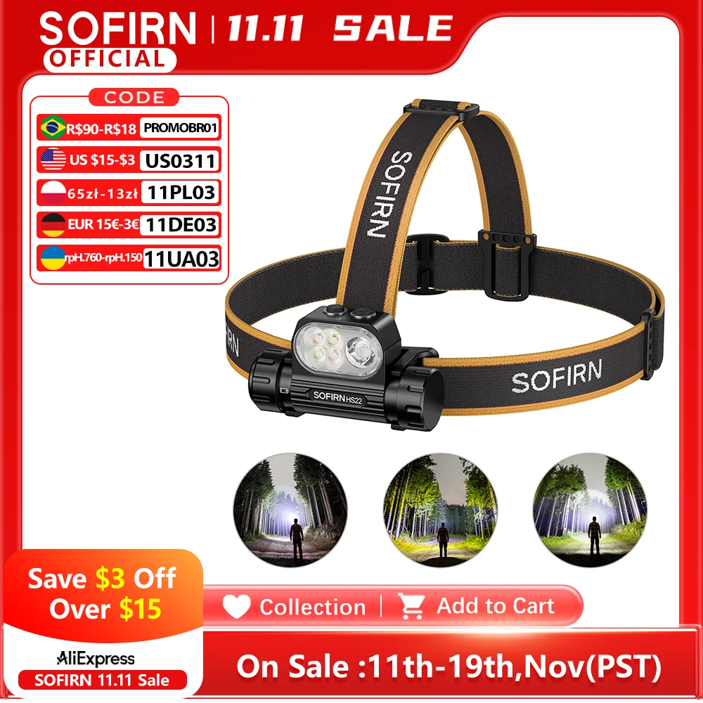 SOFIRN HS22 2500lm Headlamp Stepless Color Temperature Adjustment SFT25R LED 6000K light With 2700K Warm Torch with Dual Switch