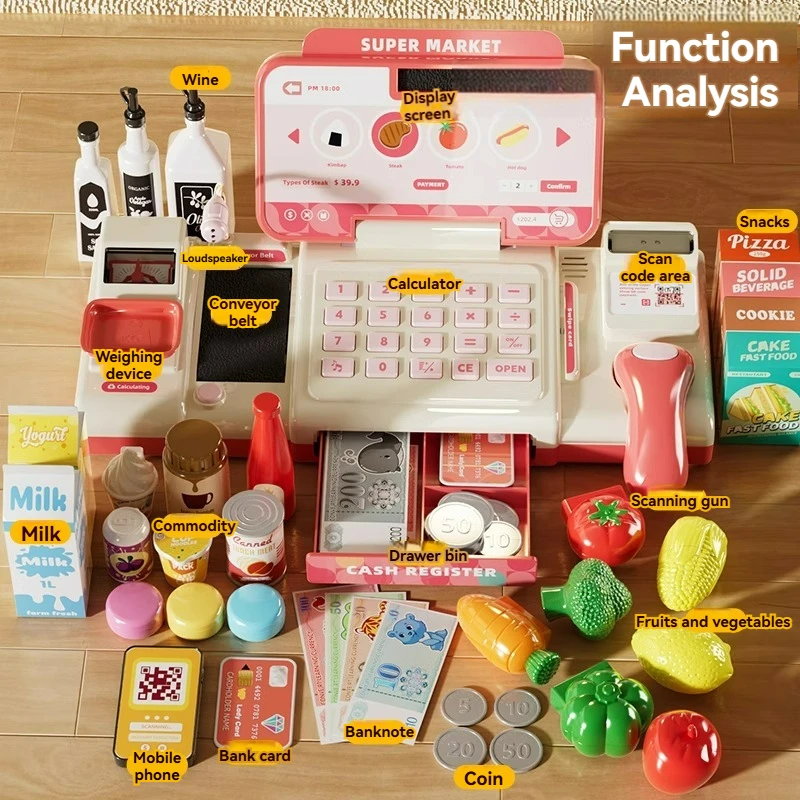 Kids Shopping Cash Register Toys Mini Supermarket Set Simulation Food Calculation Checkout Counter Pretend Play Toy For Children
